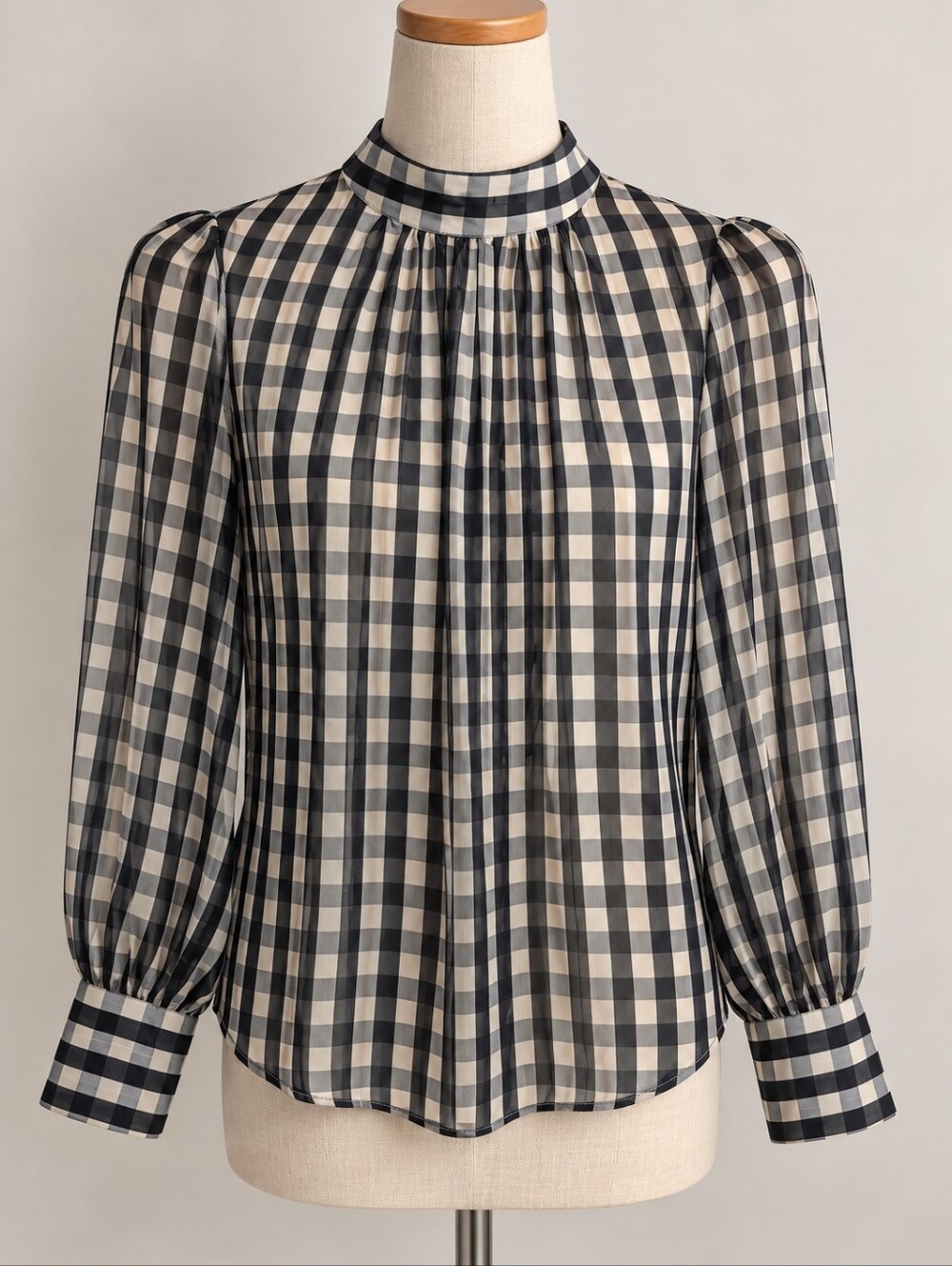 H&M Black & Cream Sheer Gingham High Neck Blouse Size Small